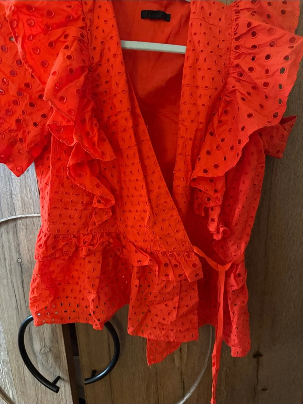 J. Crew Red Eyelet Ruffle Wrap Blouse
